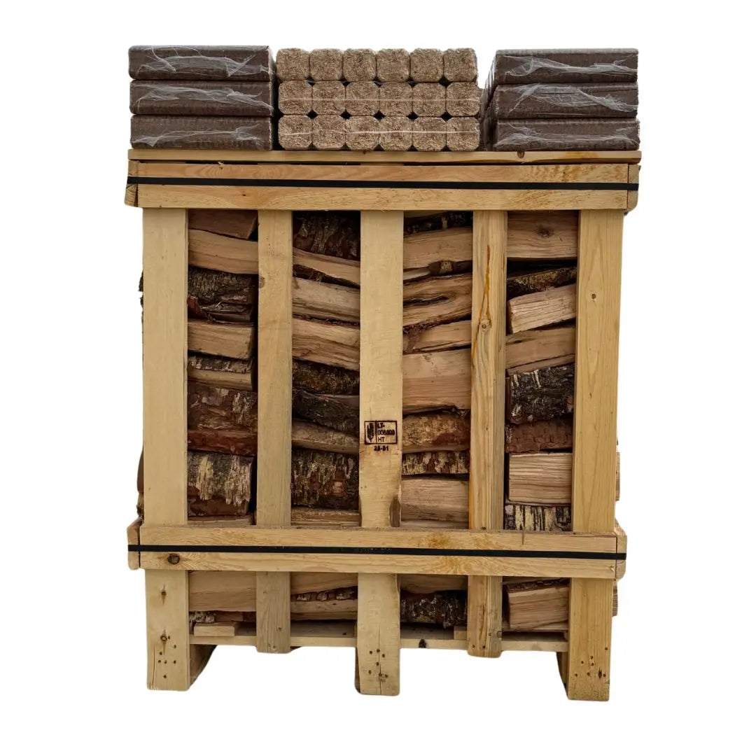 Large Crate of Birch Logs and 24 packs of Calido Fire Logs from the end
