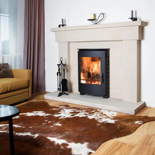 Dean Forge 105 Eco Inset Stove - 5kW in stone fire surround with cow hide rug
