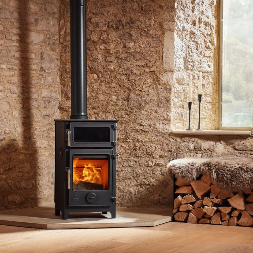 Dean Forge Baker 5 Eco Baking Stove - 5kW on stone heart with stacked logs
