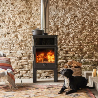 Dean Forge Baker W5 Eco High Baking Stove - 5kW with pot on top of stove and dog laying beside
