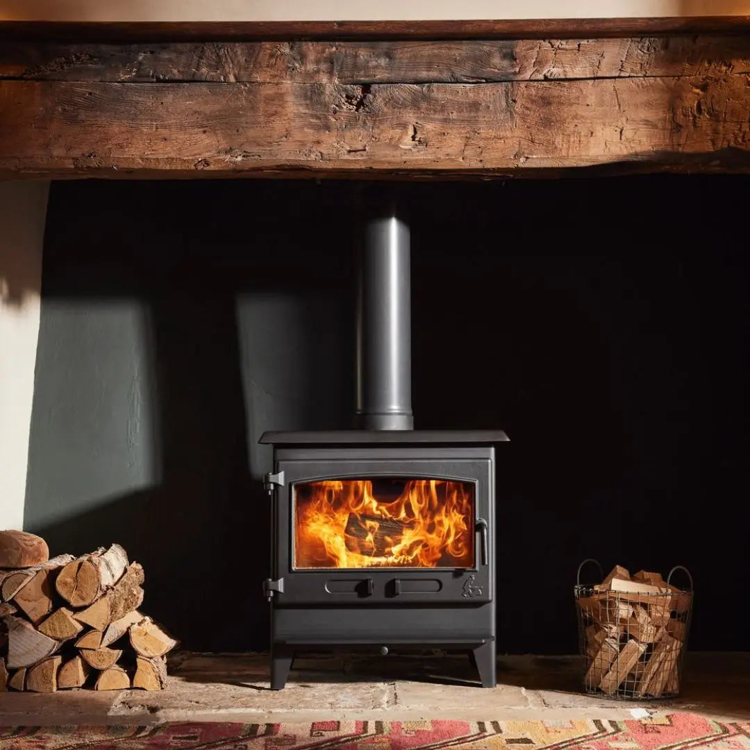 Dean Forge Croft 8 Eco Stove - 8kW with wooden beam and stone hearth