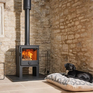 Dean Forge Dartmoor W5 Eco High Stove - 5kW on black hearth with stone wall and dog on dog bed