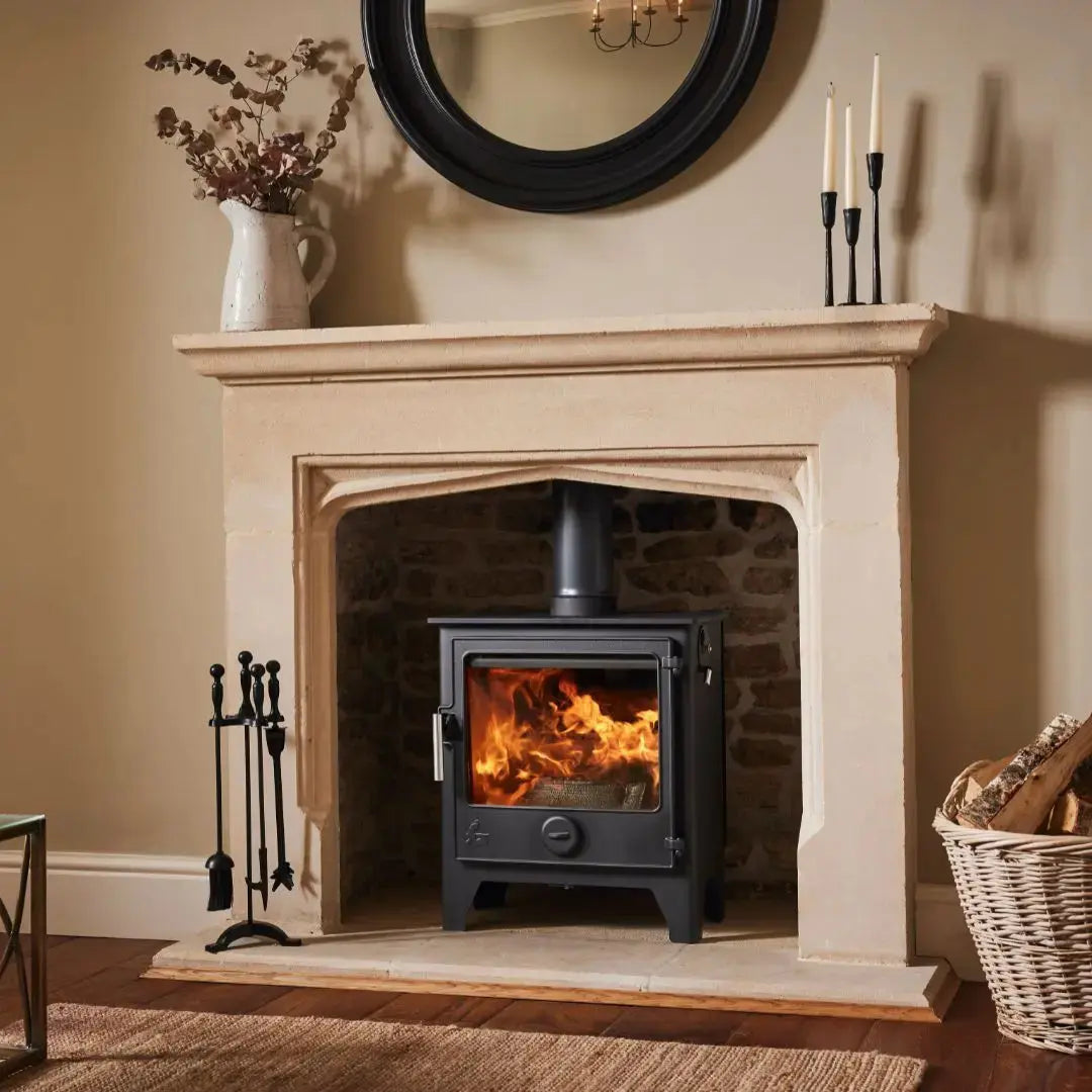 Dean Forge Dartmoor W5 Eco Stove - 5kW in fireplace setting with stainless steel handle
