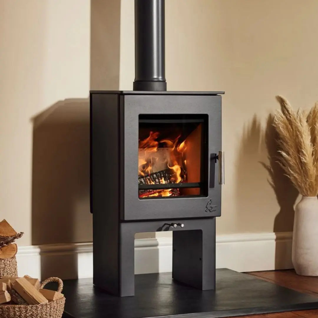Dean Forge Sherford 5 High Eco Stove - 5kW on black hearth with flue