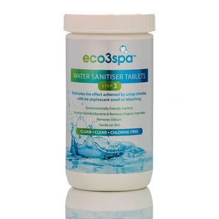 Container of eco3spa water sanitiser tablets on a white background