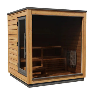 Wooden sauna with glass door on a white background