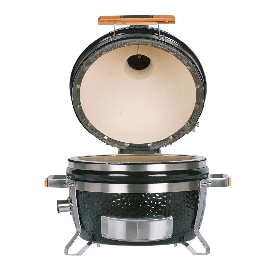 Monolith ICON 53cm Black ceramic barbecue grill with open lid on a white background
