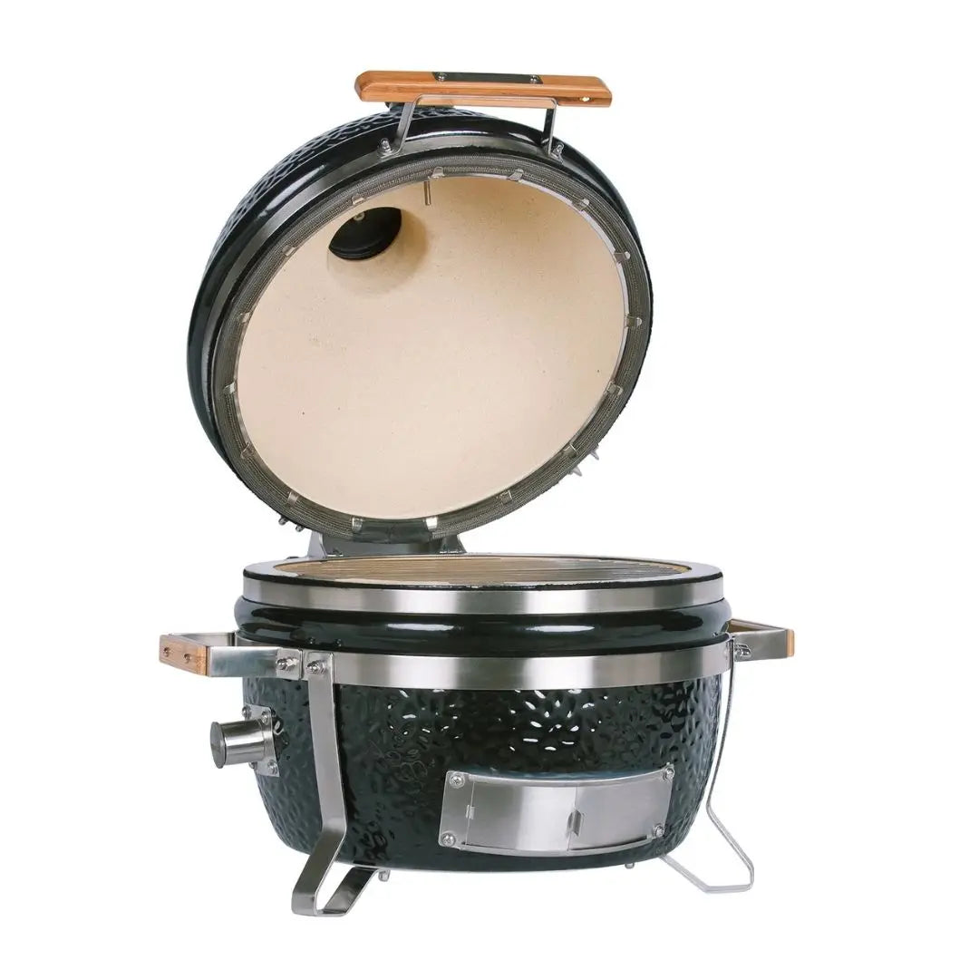Monolith ICON 53cm Black kamado-style grill with open lid on a white background