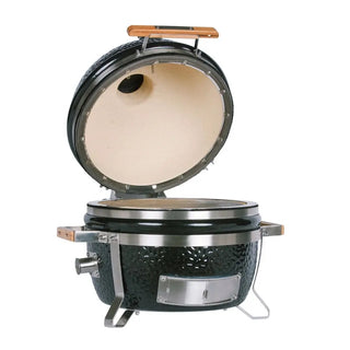 Monolith ICON 53cm Black kamado-style grill with open lid on a white background