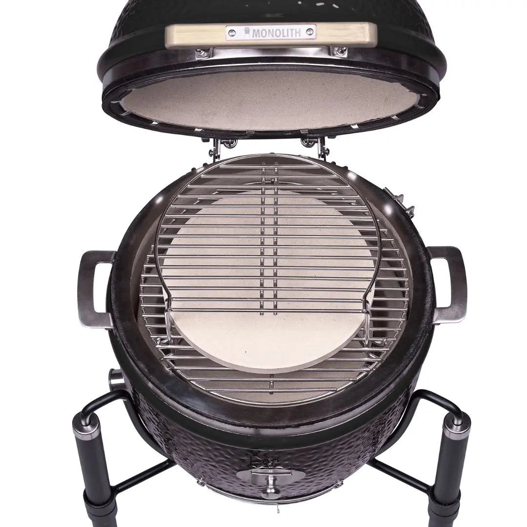 Monolith JUNIOR 2.0 47cm Black Kamado grill on cart on a white background