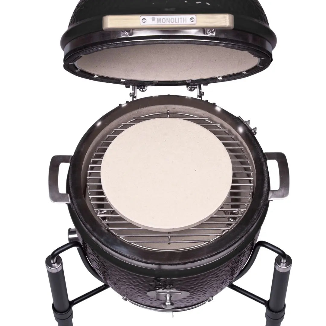 Monolith JUNIOR 2.0 47cm Black Kamado grill on cart on a white background