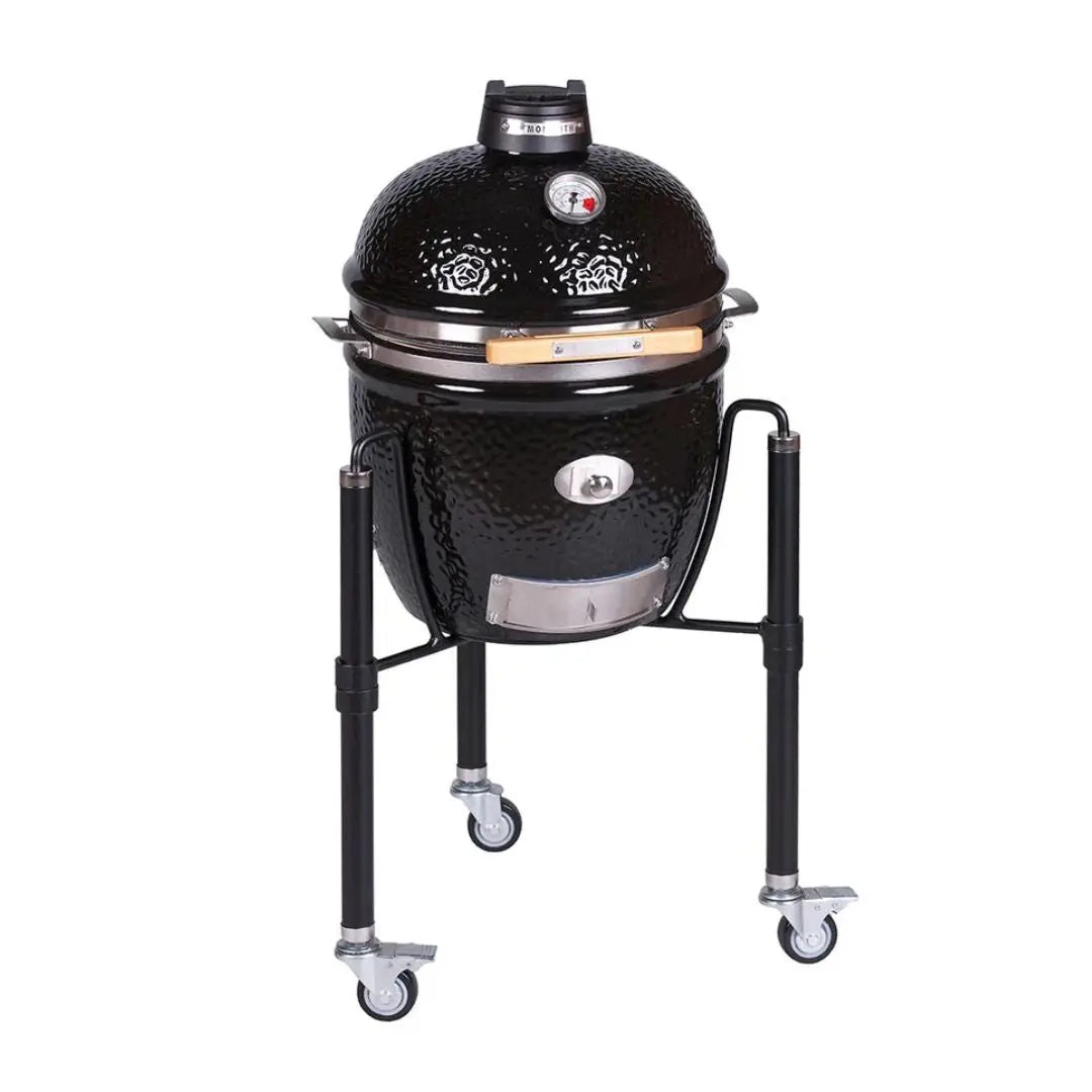 Monolith JUNIOR 2.0 47cm Black Kamado grill on cart with wheels on a white background