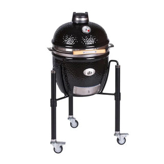 Monolith JUNIOR 2.0 47cm Black Kamado grill on cart with wheels on a white background