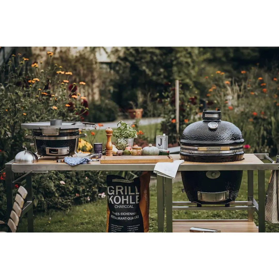 Monolith Kamado Grill .55 .66Buggy Extension Table with cooking ingredients and utensils