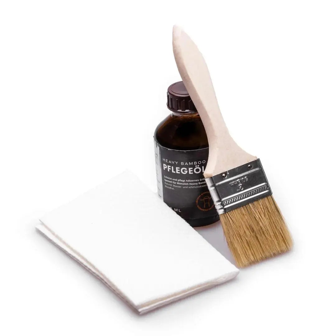 Monolith Kamado Grill Heavy Bamboo Care Oil Set on white background