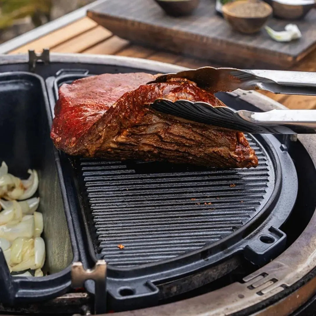 Monolith Kamado Grill SGS Cast Iron Fire Pot Set with steak cooking