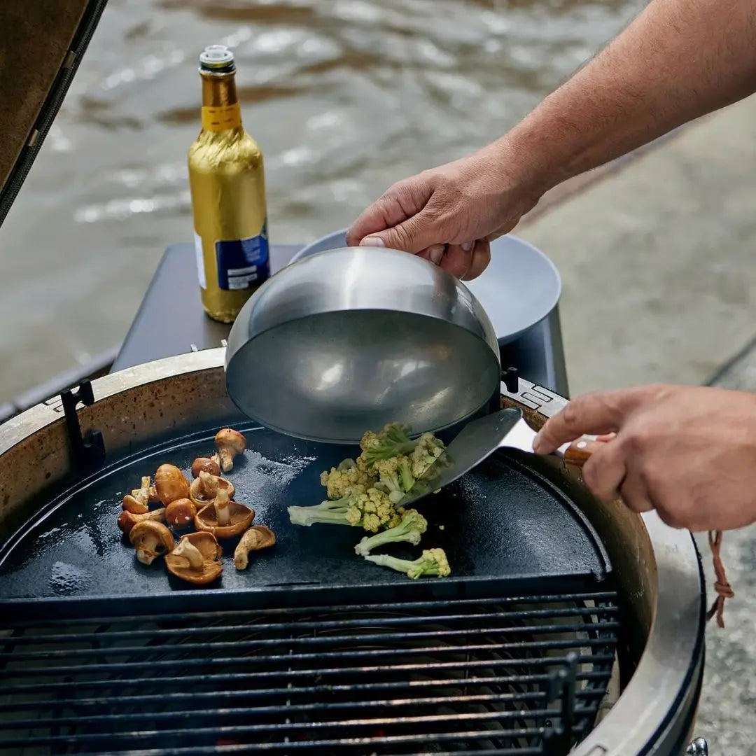 Monolith Kamado Grill Stainless Steel Cloche covering vegetables