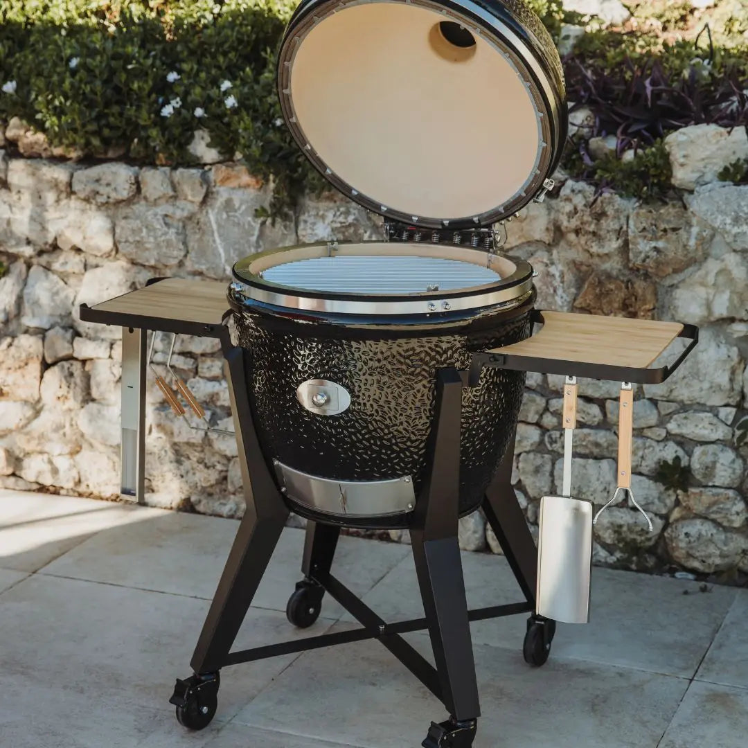 Monolith TWO 66cm Black kamado grill with cart and accessories closeup of grill