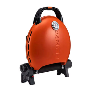 Orange portable stove with black stand on a white background