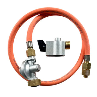Orange O-Grill regulator hose with metal valve and connectors on a white background