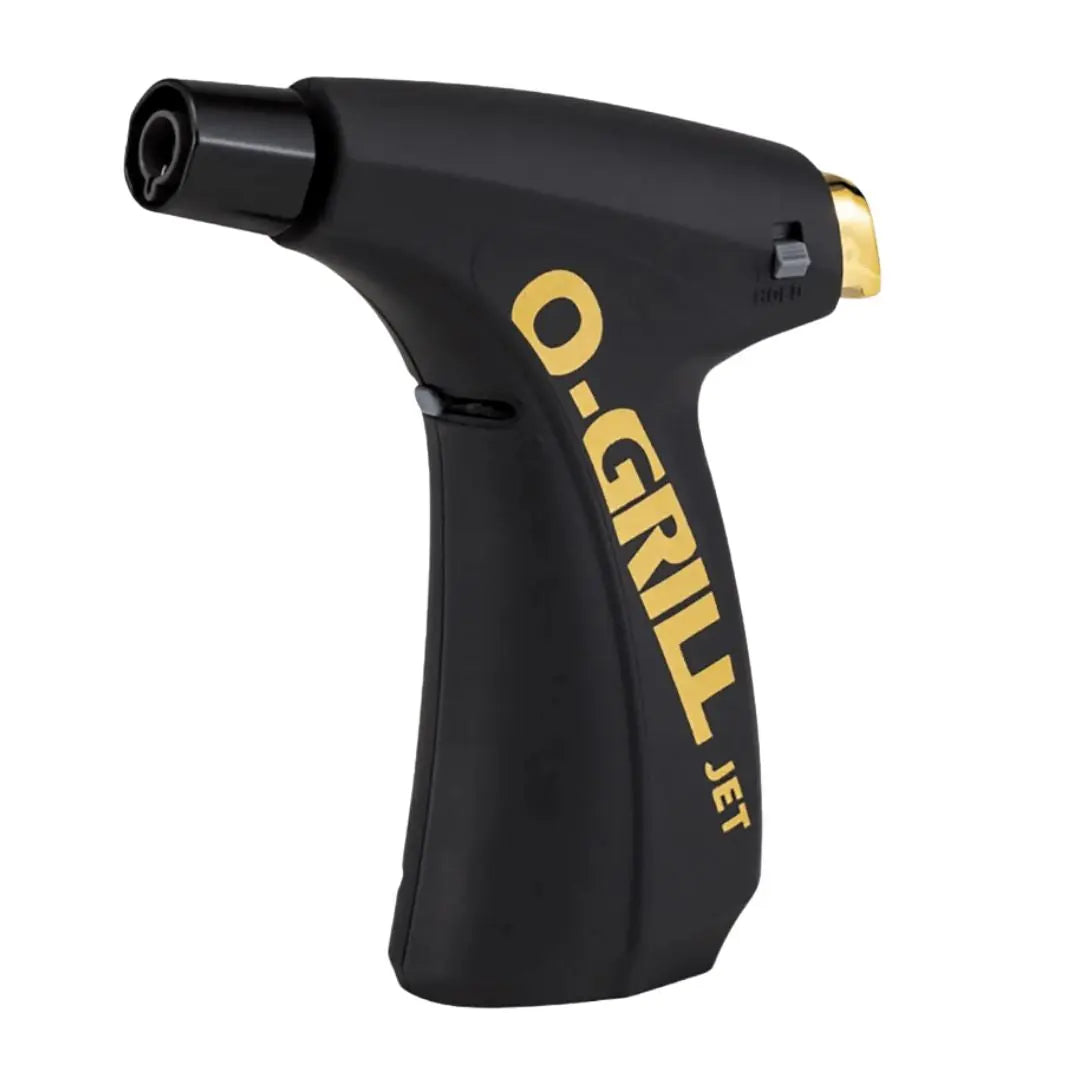 Black and gold O-Grill torch lighter on a white background