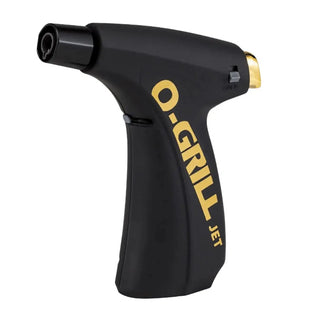 Black and gold O-Grill torch lighter on a white background