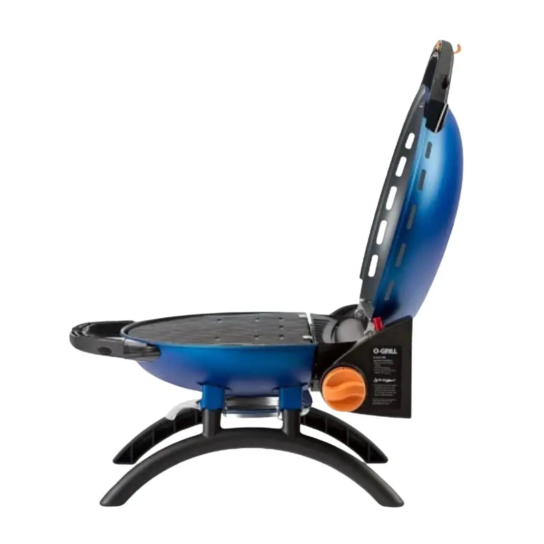 O-Grill portable gas grill with blue body and black base on a white background