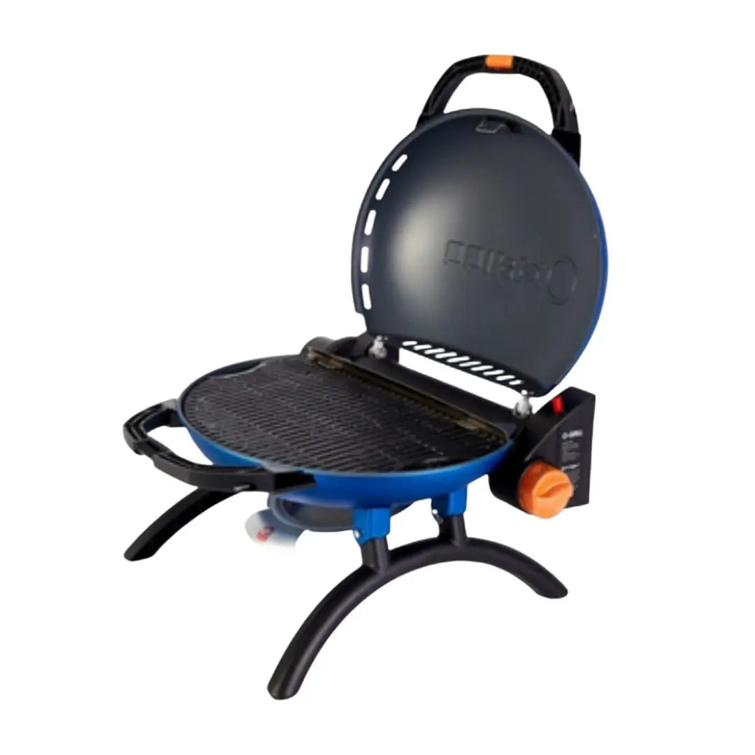O-Grill portable gas grill with a black lid and blue body on a white background