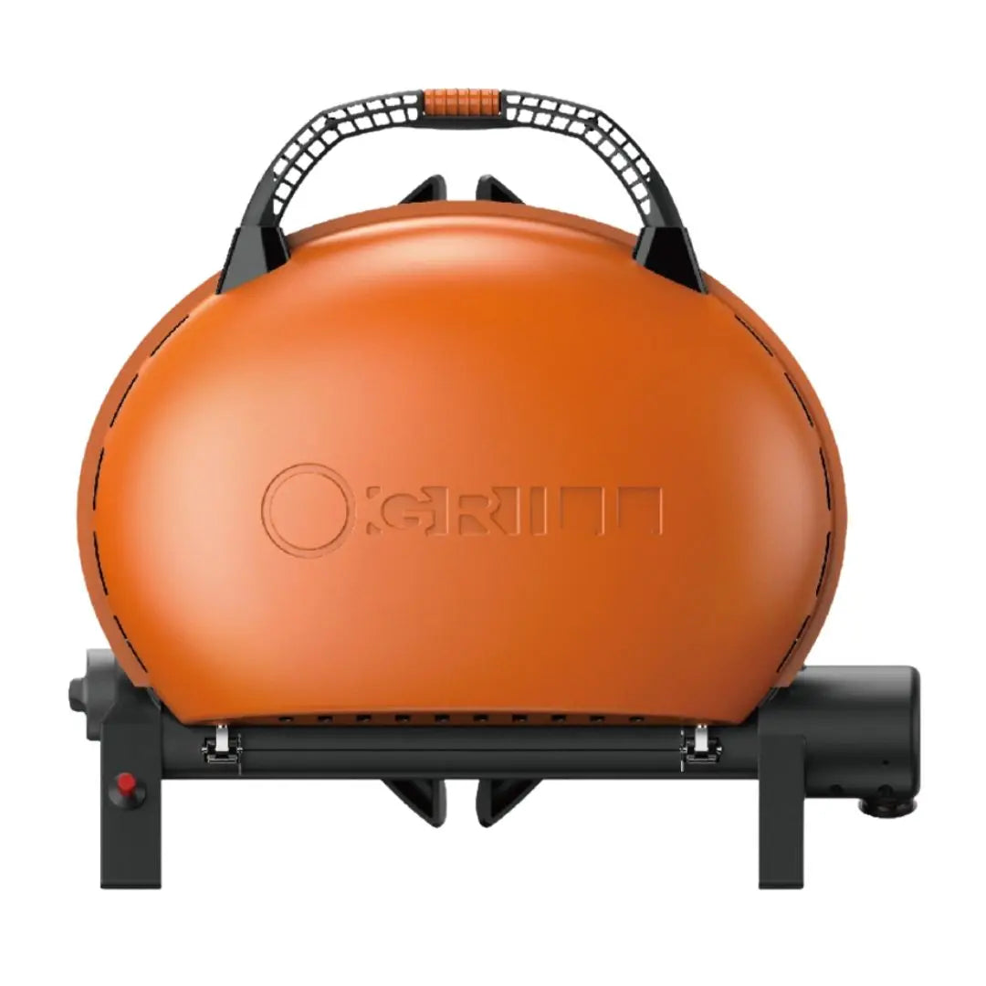 Portable orange O-Grill Gas grill BBQ with black stand on a white background