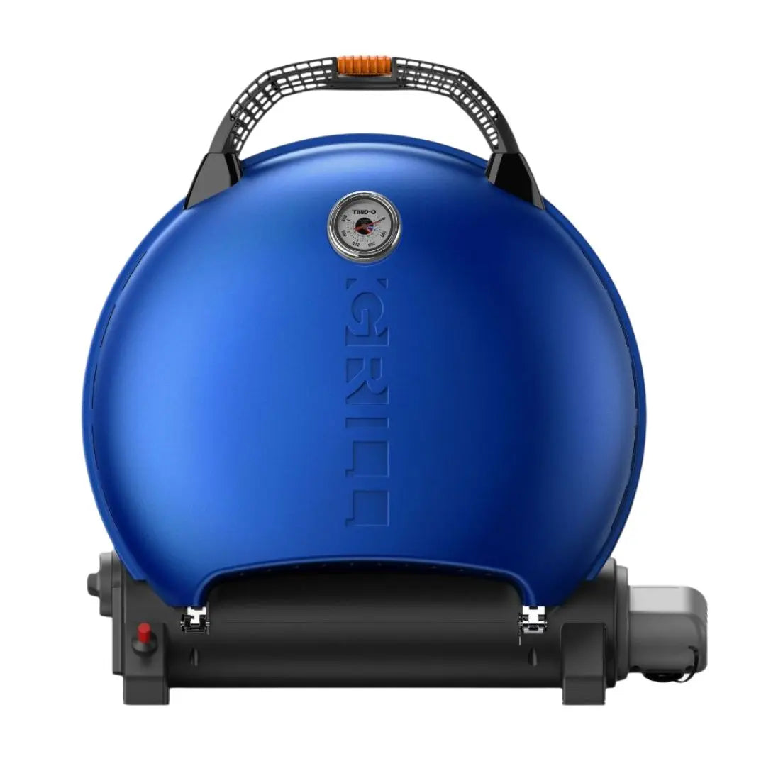 Blue portable grill with a visible brand logo on a white background