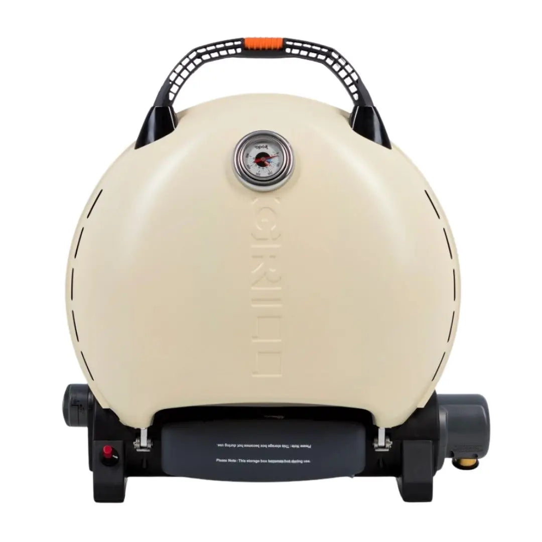 Beige portable gas grill with brand logo on a white background