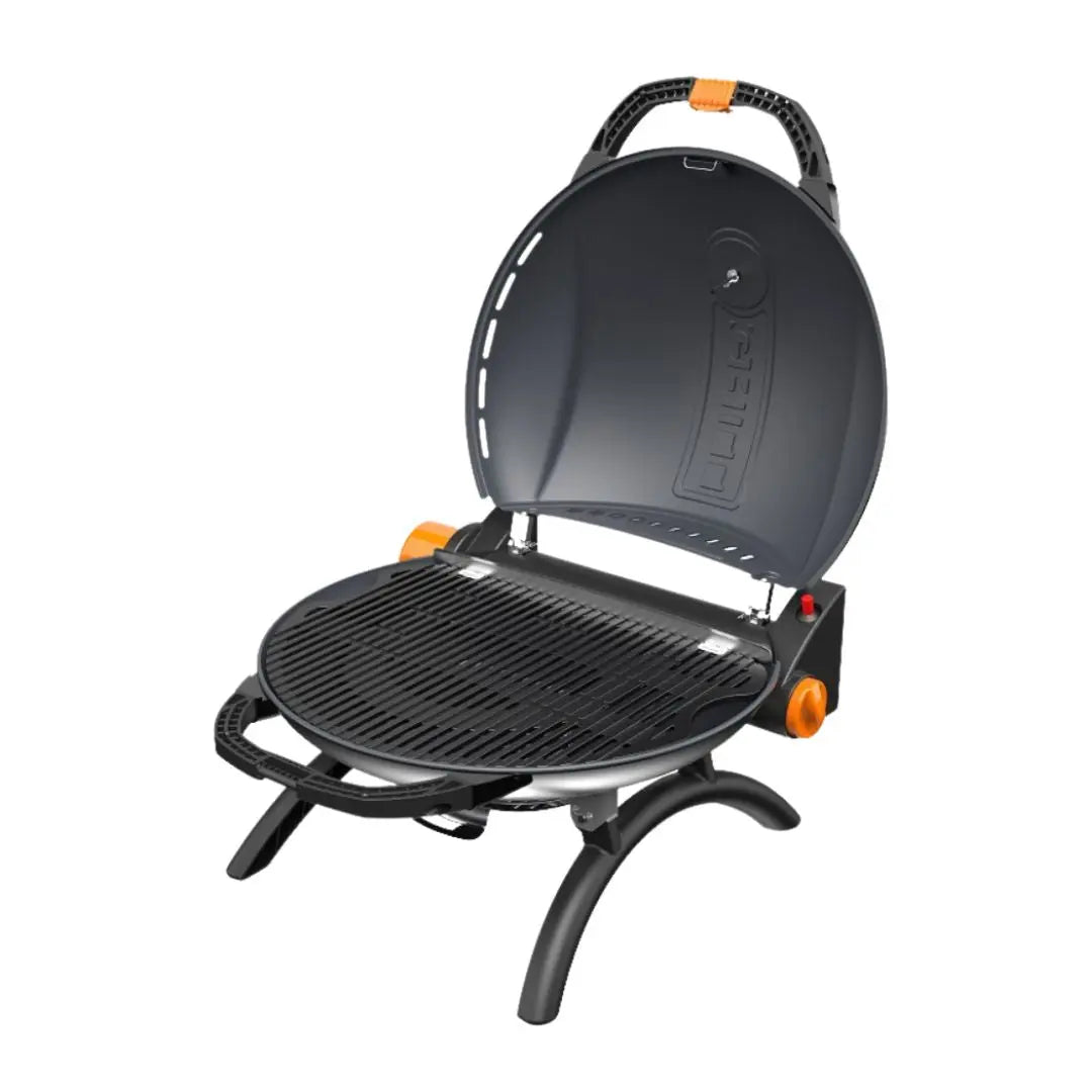 O-Grill Black Portable gas grill bbq with open lid on a white background
