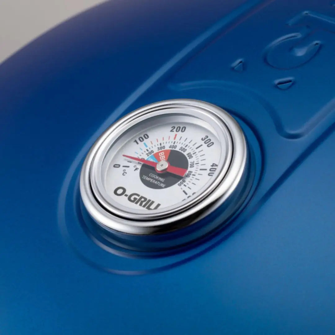 O-Grill 900 Blue Portable Gas Grill BBQ Thermometer Close Up