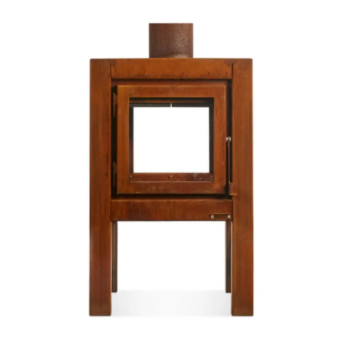 RB73 Quaruba L Outdoor Fireplace – CorTen Steel Wood Burner with 2 sided glass product detail view