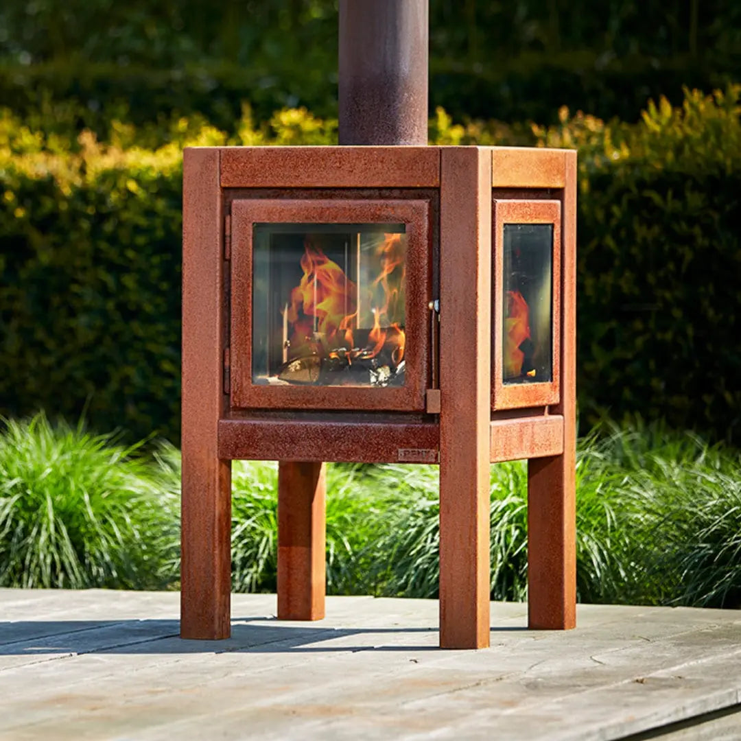 RB73 Quaruba L Outdoor Fireplace – CorTen Steel Wood Burner on outdoor patio setting