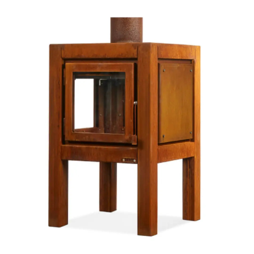 RB73 Quaruba L Outdoor Fireplace – CorTen Steel Wood Burner with 2 sided glass product detail view