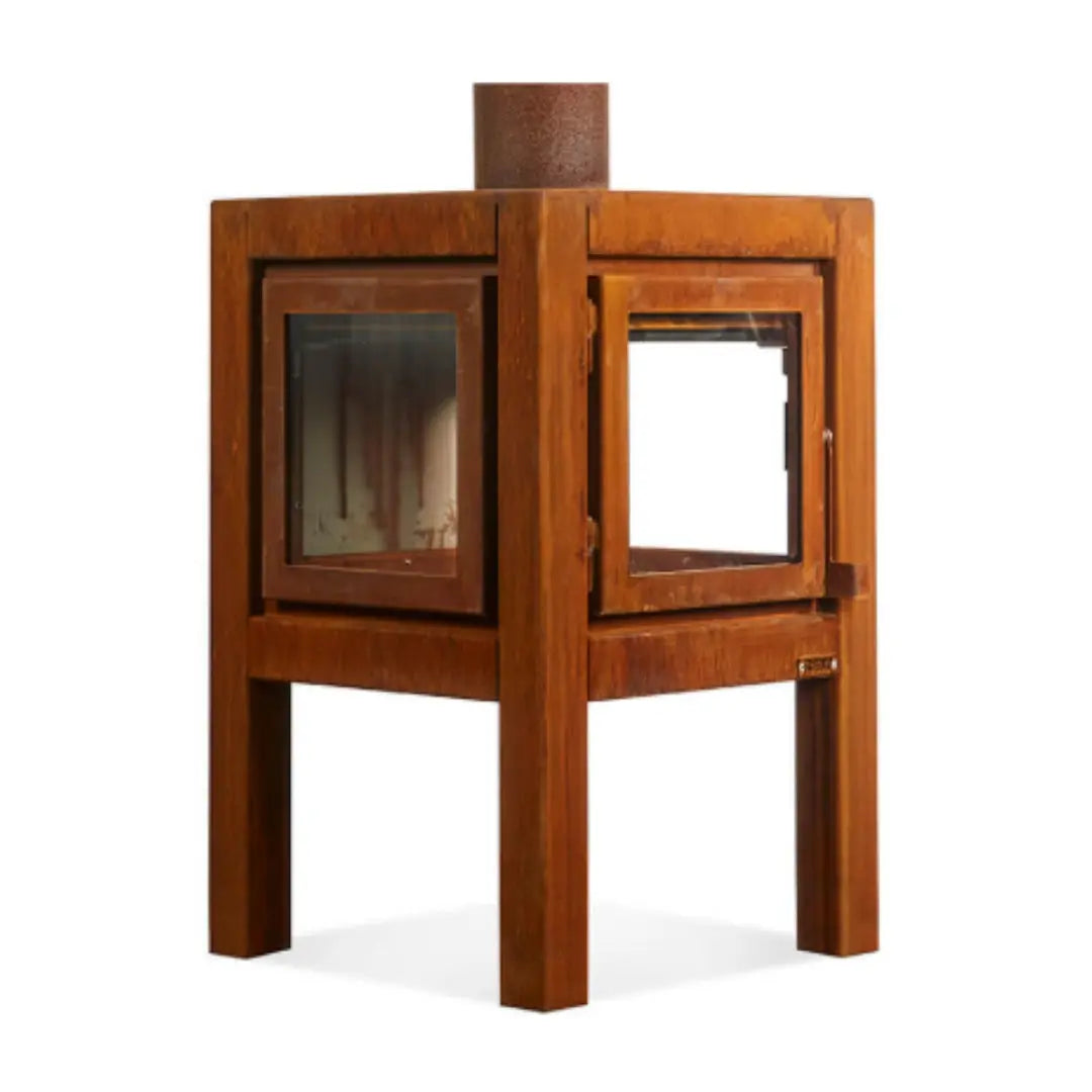 RB73 Quaruba L Mobile Outdoor Fireplace – CorTen Steel Wood Burner with 3 sided glass product detail view