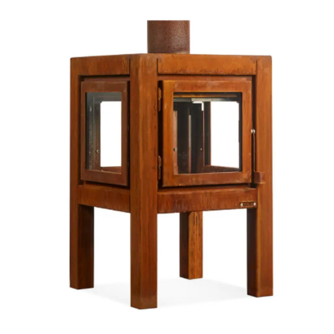 RB73 Quaruba L Outdoor Fireplace – CorTen Steel Wood Burner with 4 sided glass product detail view