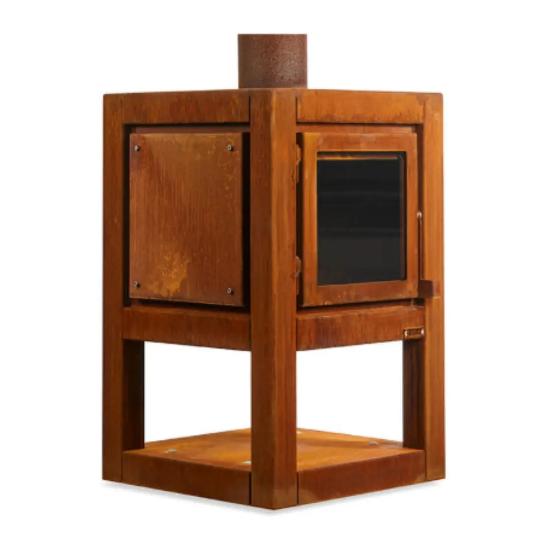RB73 Quaruba L Mobile Outdoor Fireplace – CorTen Steel Wood Burner with single sided glass product detail view