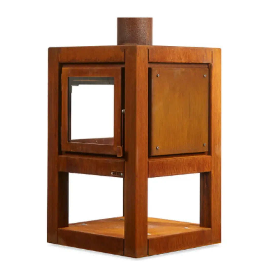 RB73 Quaruba L Mobile Outdoor Fireplace – CorTen Steel Wood Burner with 2 sided glass product detail view