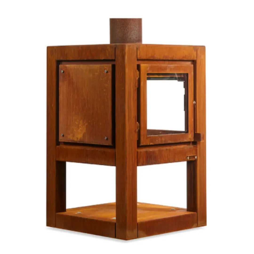 RB73 Quaruba L Mobile Outdoor Fireplace – CorTen Steel Wood Burner with 2 sided glass product detail view