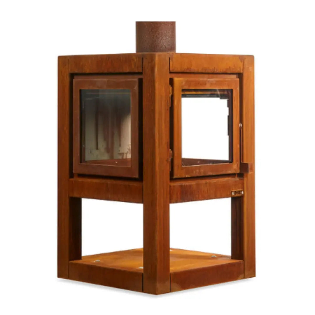 RB73 Quaruba L Mobile Outdoor Fireplace – CorTen Steel Wood Burner with 3 sided glass product detail view