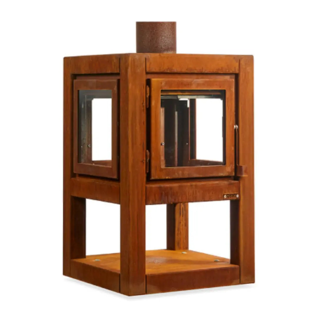 RB73 Quaruba L Mobile Outdoor Fireplace – CorTen Steel Wood Burner with 4 sided glass product detail view