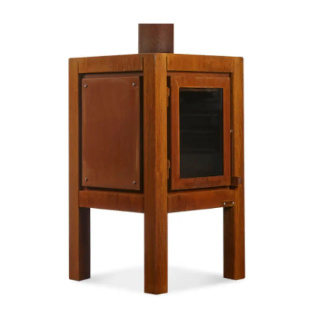 RB73 Quaruba XL Outdoor Fireplace - CorTen Steel Wood Burner with single sided glass product detail view