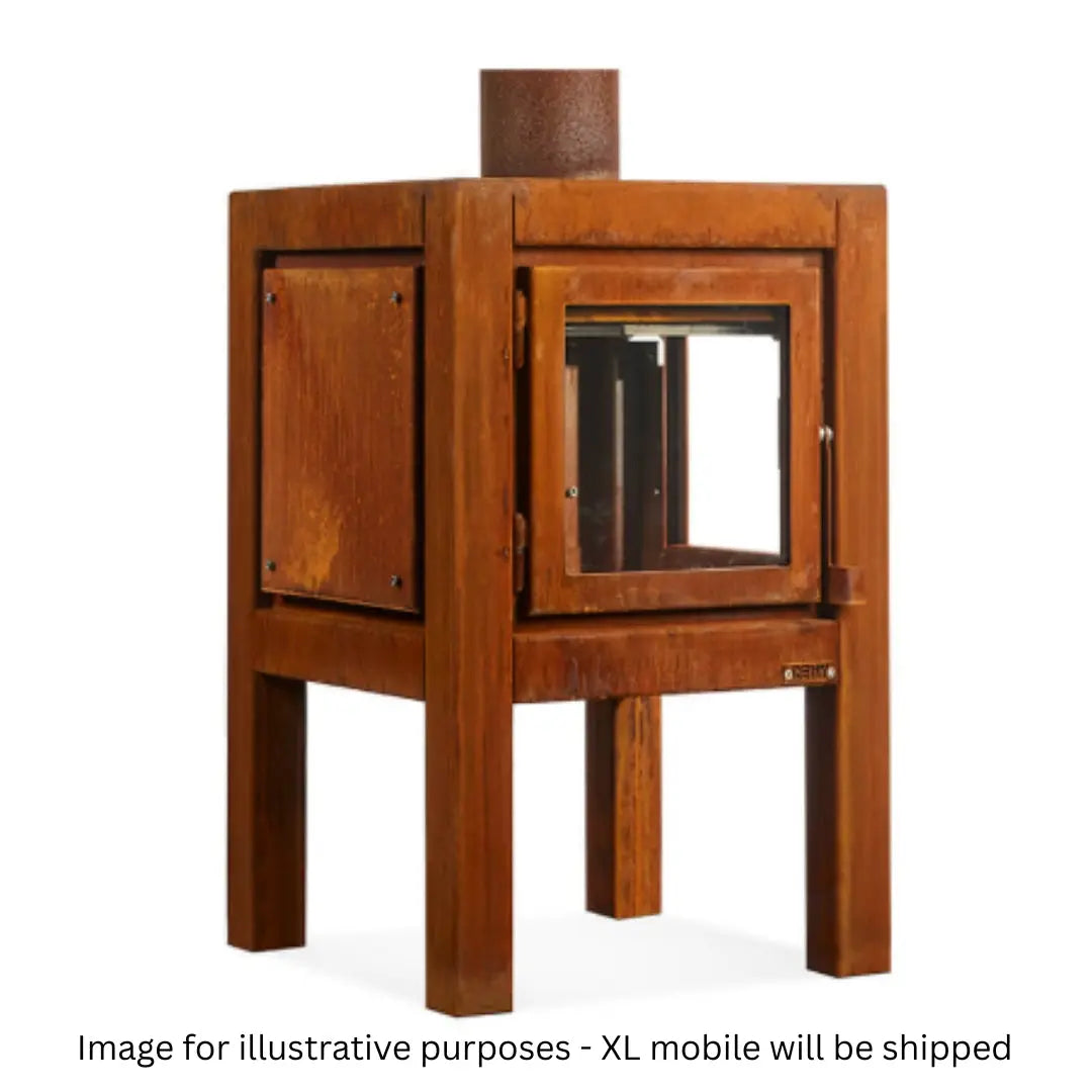 RB73 Quaruba XL Mobile Outdoor Fireplace - CorTen Steel Wood Burner with 2 sided glass product detail view
