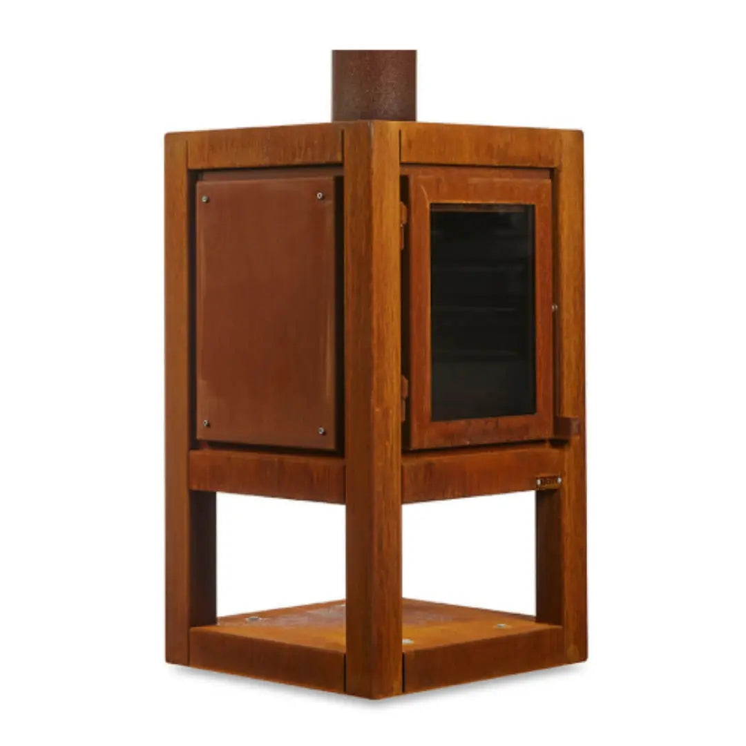 RB73 Quaruba XL Mobile Outdoor Fireplace - CorTen Steel Wood Burner with single sided glass product detail view