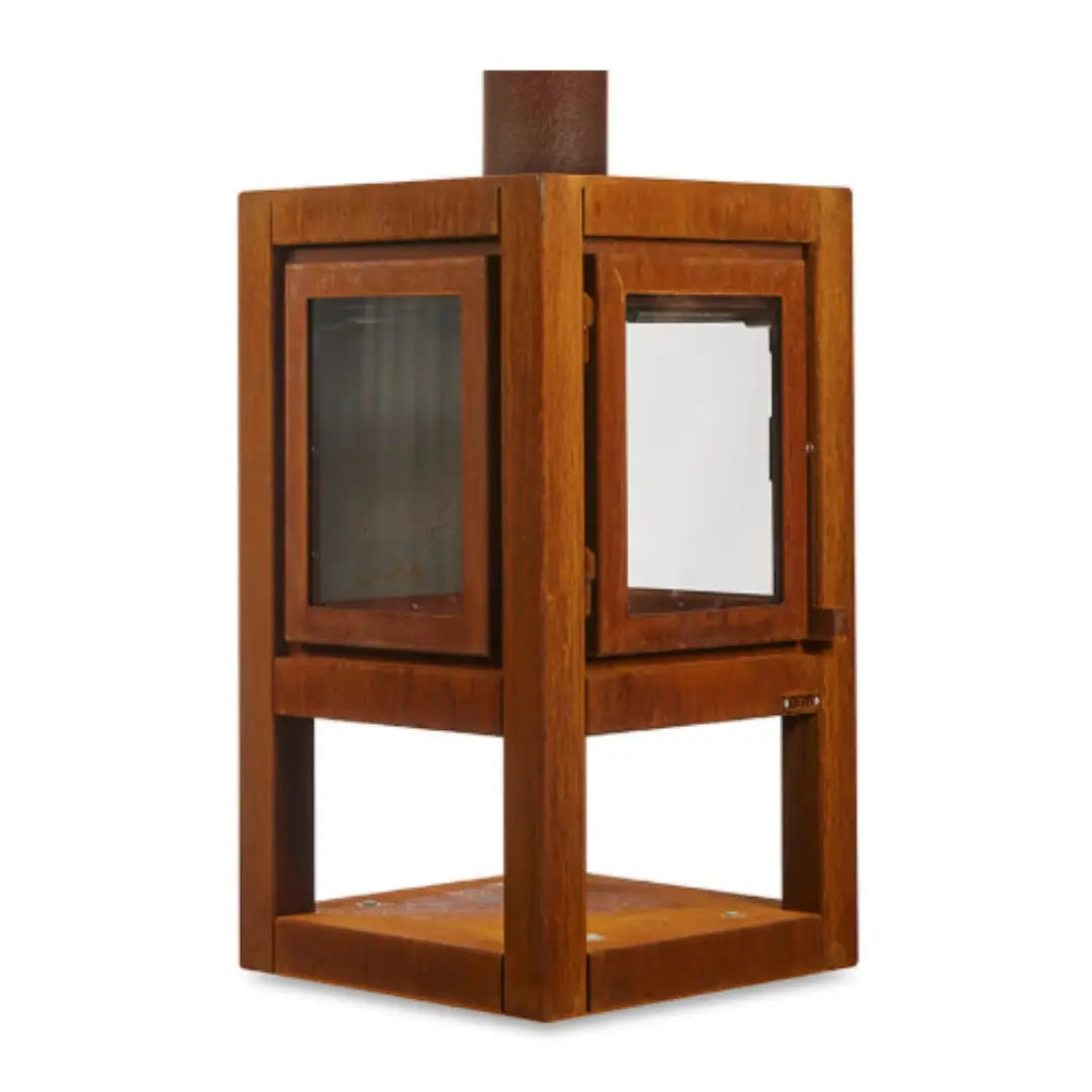 RB73 Quaruba XL Mobile Outdoor Fireplace - CorTen Steel Wood Burner with 3 sided glass product detail view