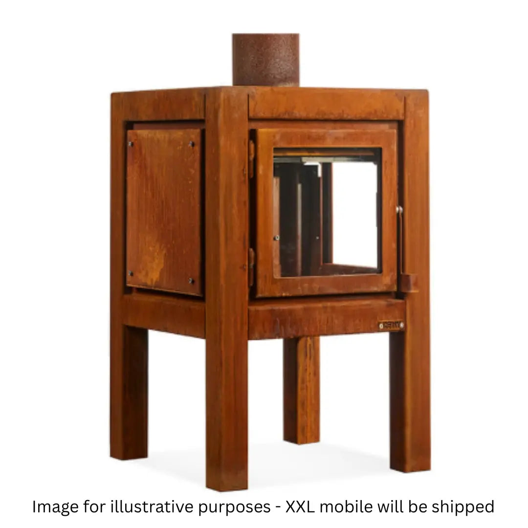 RB73 Quaruba XXL Mobile Outdoor Fireplace - CorTen Steel Wood Burner with 2 sided glass product detail view
