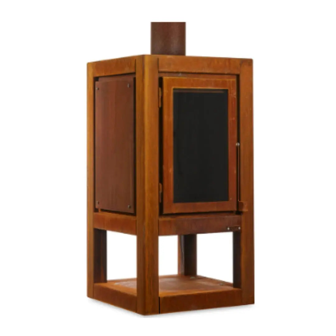 RB73 Quaruba XXL Mobile Outdoor Fireplace - CorTen Steel Wood Burner with single sided glass product detail view