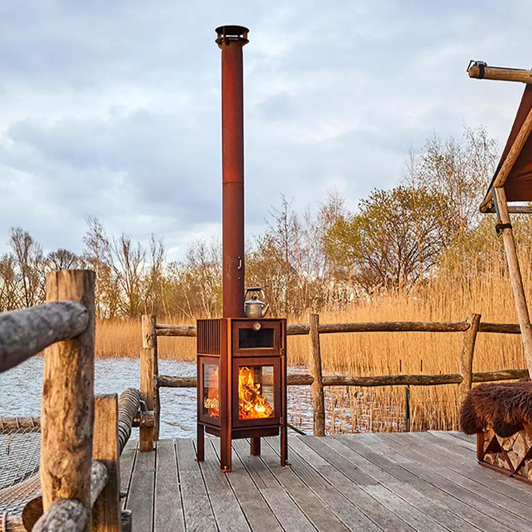 RB73 Quercus CorTen steel outdoor fireplace and oven on decking setting